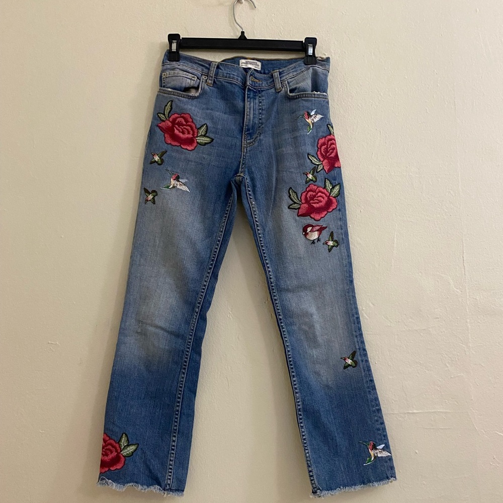 Zara Floral and Bird Embroidered Crop Jeans
